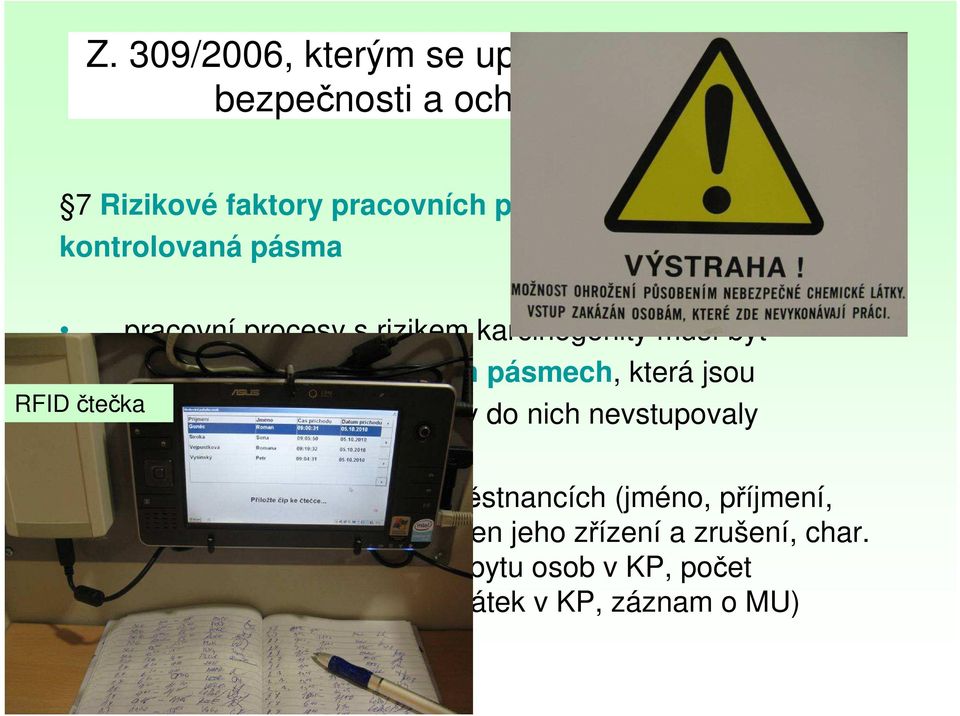 v kontrolovaných pásmech, která jsou označena a zajištěna tak, aby do nich nevstupovaly nepovolané osoby vedení evidence o KP a