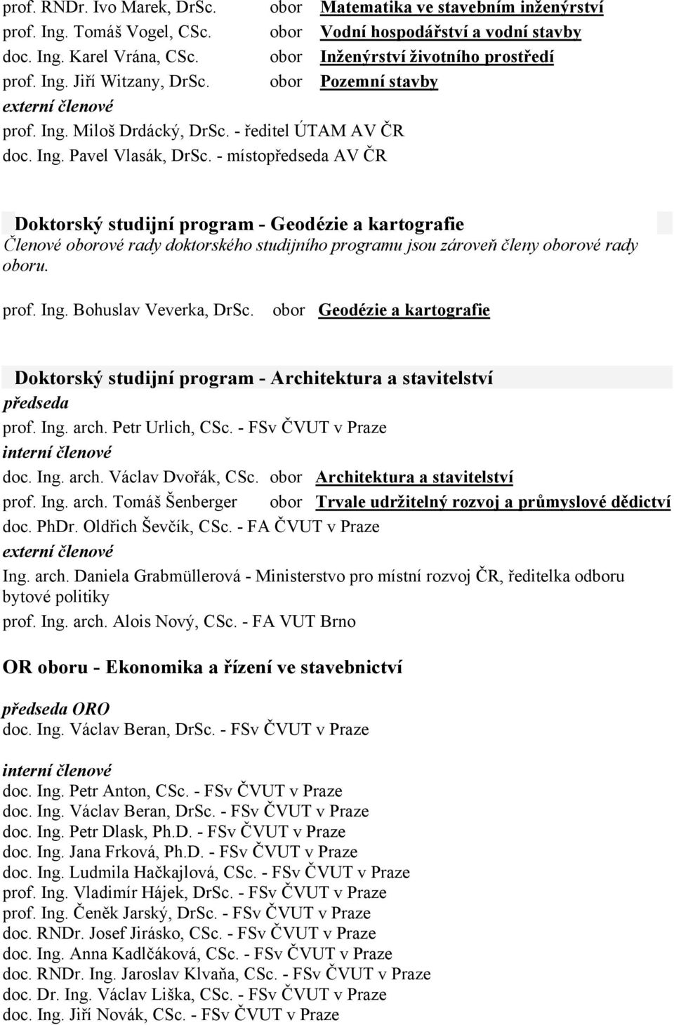 - místopředseda AV ČR Doktorský studijní program - Geodézie a kartografie Členové oborové rady doktorského studijního programu jsou zároveň členy oborové rady oboru. prof. Ing. Bohuslav Veverka, DrSc.