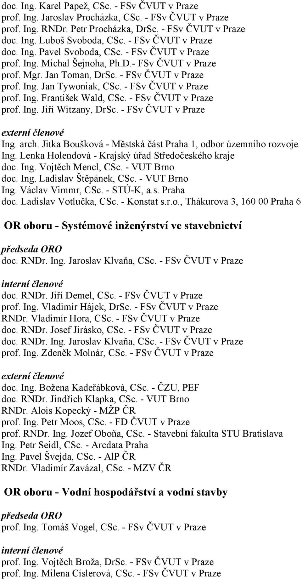 - FSv ČVUT v Praze prof. Ing. František Wald, CSc. - FSv ČVUT v Praze prof. Ing. Jiří Witzany, DrSc. - FSv ČVUT v Praze externí členové Ing. arch.