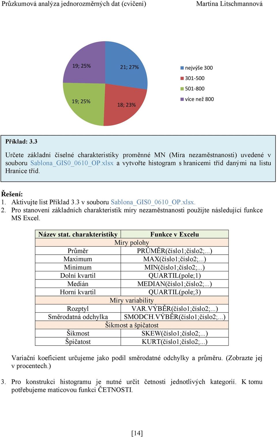 Pro stanovení základních charakteristik míry nezaměstnanosti pouţijte následující funkce MS Excel. Název stat. charakteristiky Funkce v Excelu Míry polohy Průměr PRŮMĚR(číslo1;číslo2;.