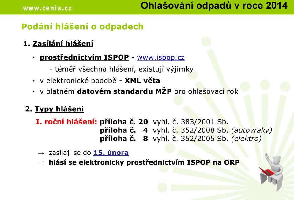 datovém standardu MŽP pro ohlašovací rok 2. Typy hlášení I. roční hlášení: příloha č. 20 vyhl. č. 383/2001 Sb.