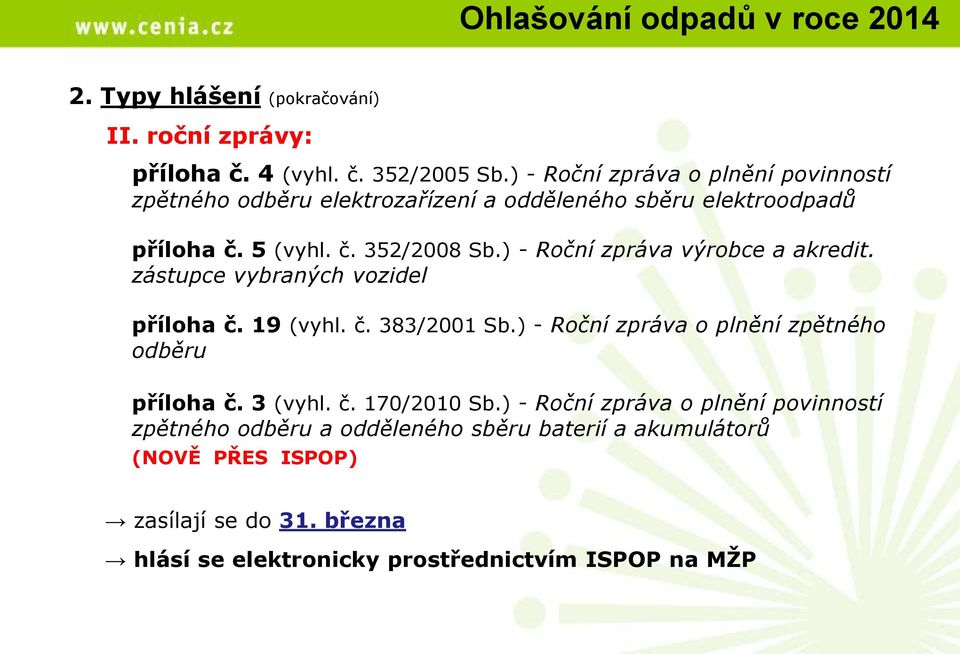 ) - Roční zpráva výrobce a akredit. zástupce vybraných vozidel příloha č. 19 (vyhl. č. 383/2001 Sb.) - Roční zpráva o plnění zpětného odběru příloha č.