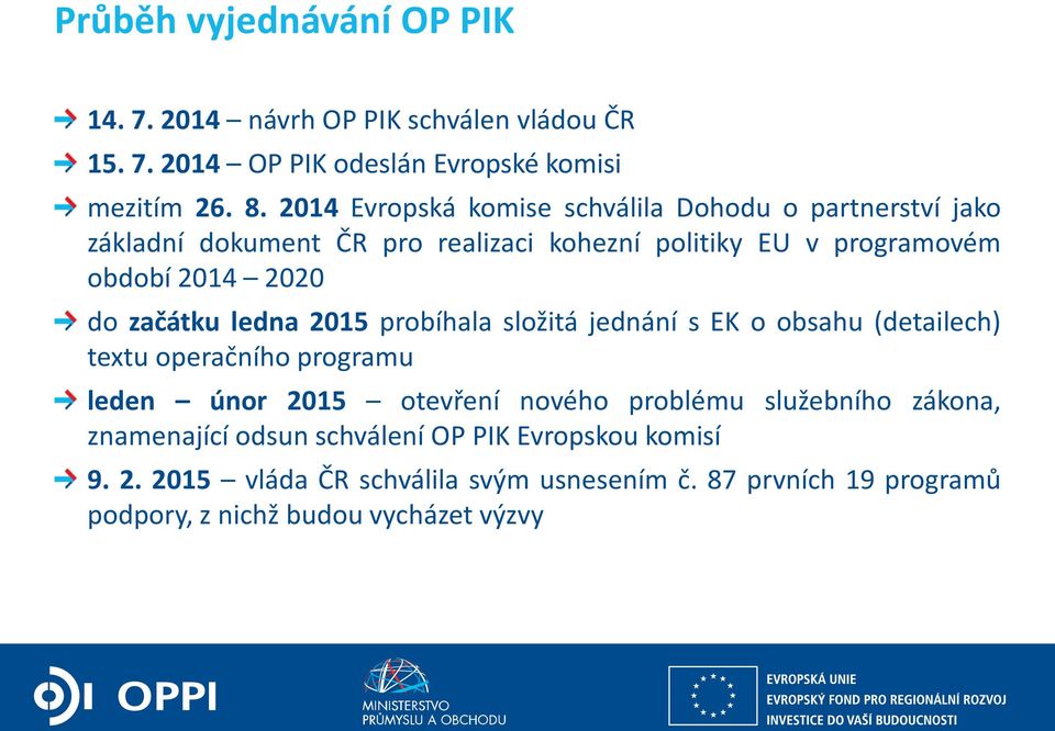 probíhala složitá jednání s EK o obsahu (detailech) textu operačního programu leden únor 2015 otevření nového problému služebního zákona, znamenající odsun schválení OP PIK