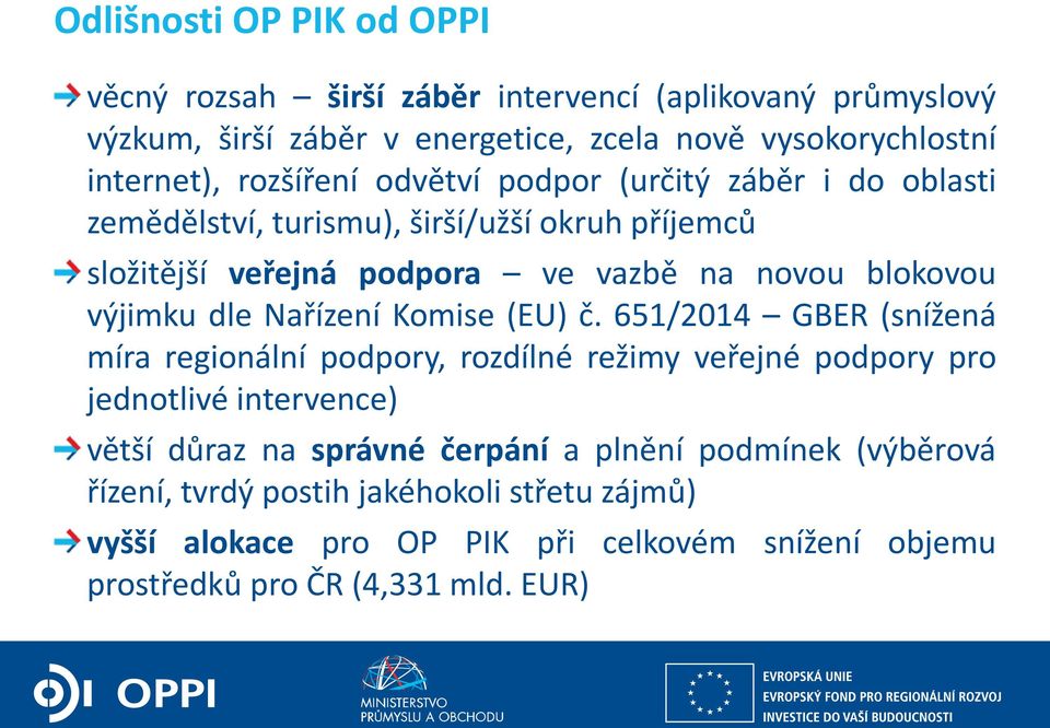 651/2014 GBER (snížená míra regionální podpory, rozdílné režimy veřejné podpory pro jednotlivé intervence) větší důraz na správné čerpání a plnění podmínek (výběrová řízení, tvrdý postih