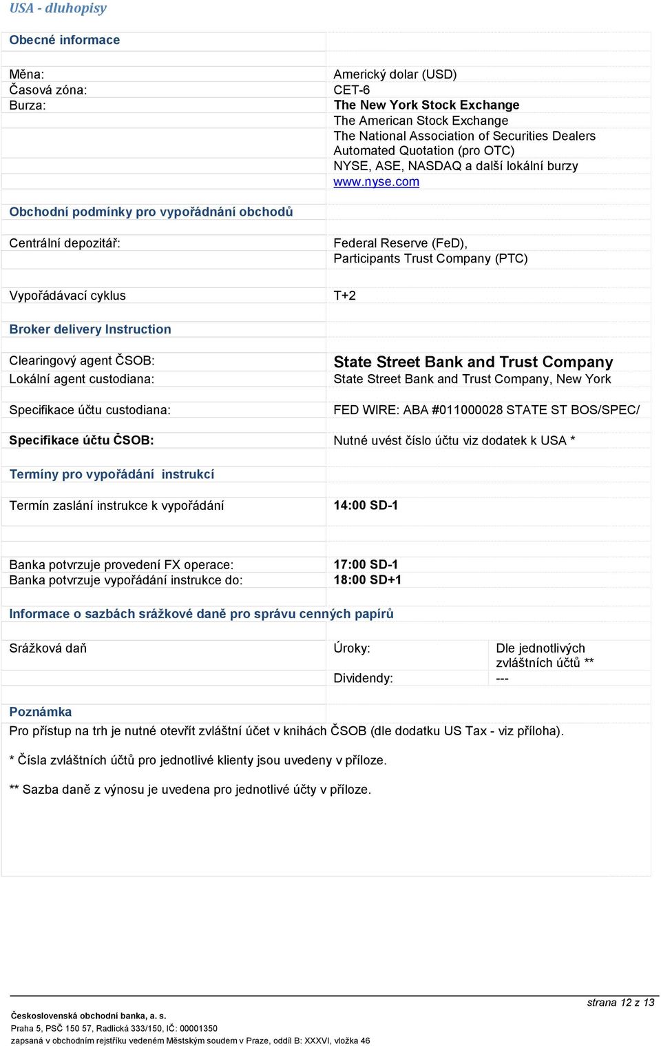 com Federal Reserve (FeD), Participants Trust Company (PTC) Vypořádávací cyklus T+2 Specifikace účtu custodiana: State Street Bank and Trust Company State Street Bank and Trust Company, New York FED