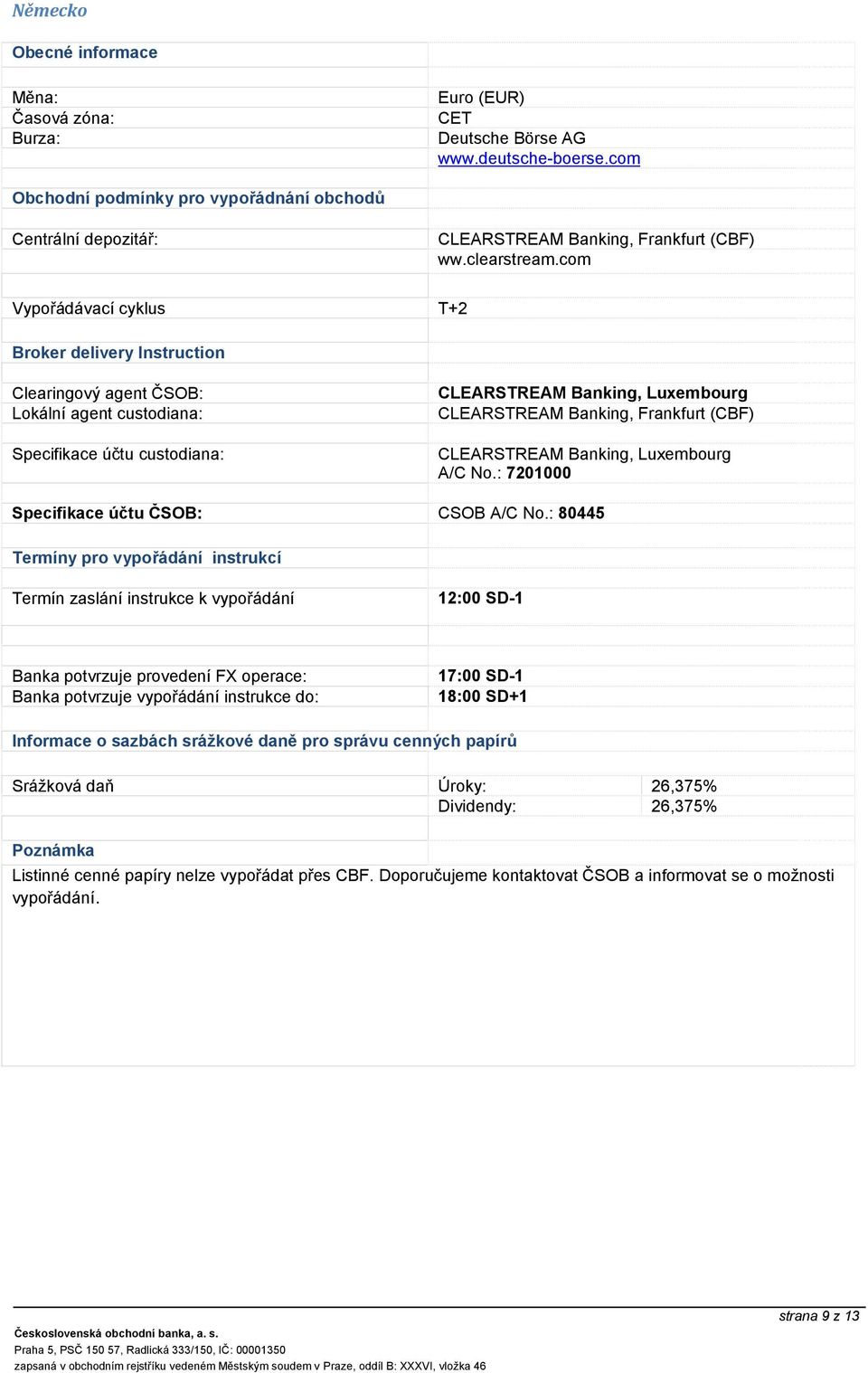 : 7201000 Specifikace účtu ČSOB: CSOB A/C No.