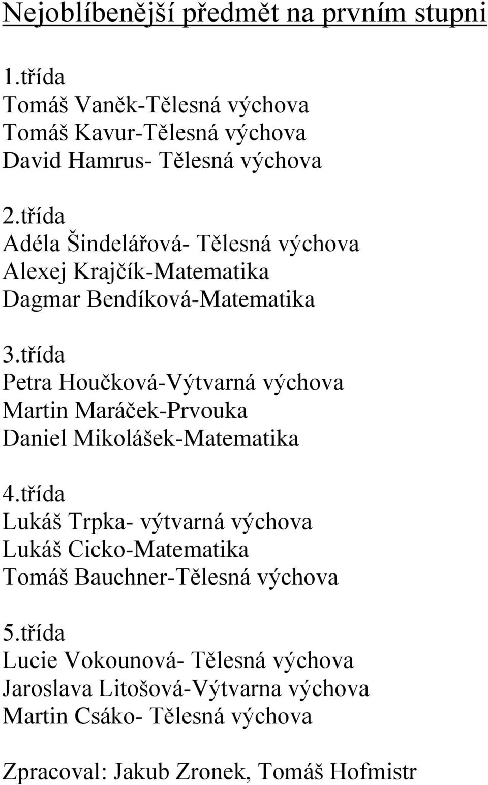 třída Petra Houčková-Výtvarná výchova Martin Maráček-Prvouka Daniel Mikolášek-Matematika 4.