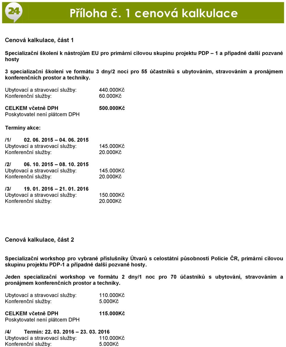 noci pro 55 účastníků s ubytováním, stravováním a pronájmem konferenčních prostor a techniky. CELKEM včetně DPH Poskytovatel není plátcem DPH 440.000Kč 60.000Kč 500.000Kč Termíny akce: /1/ 02. 06.