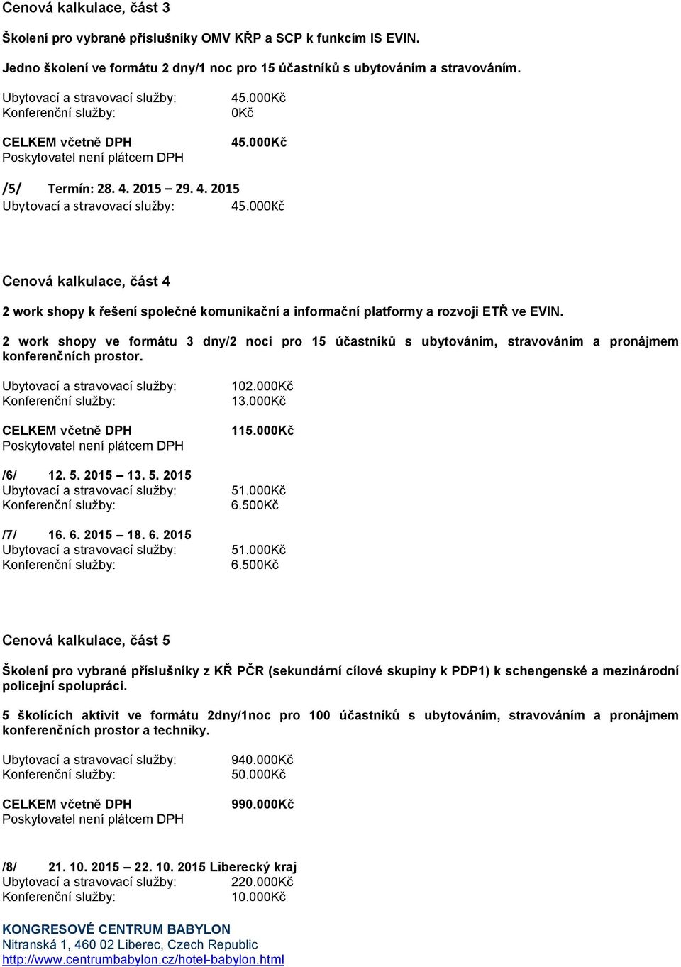 000Kč Cenová kalkulace, část 4 2 work shopy k řešení společné komunikační a informační platformy a rozvoji ETŘ ve EVIN.