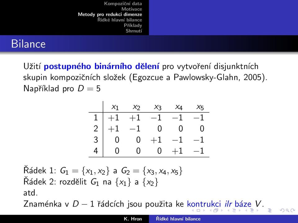 Například pro D = 5 x 1 x 2 x 3 x 4 x 5 1 +1 +1 1 1 1 2 +1 1 0 0 0 3 0 0 +1 1 1 4 0 0 0 +1 1 Řádek 1: