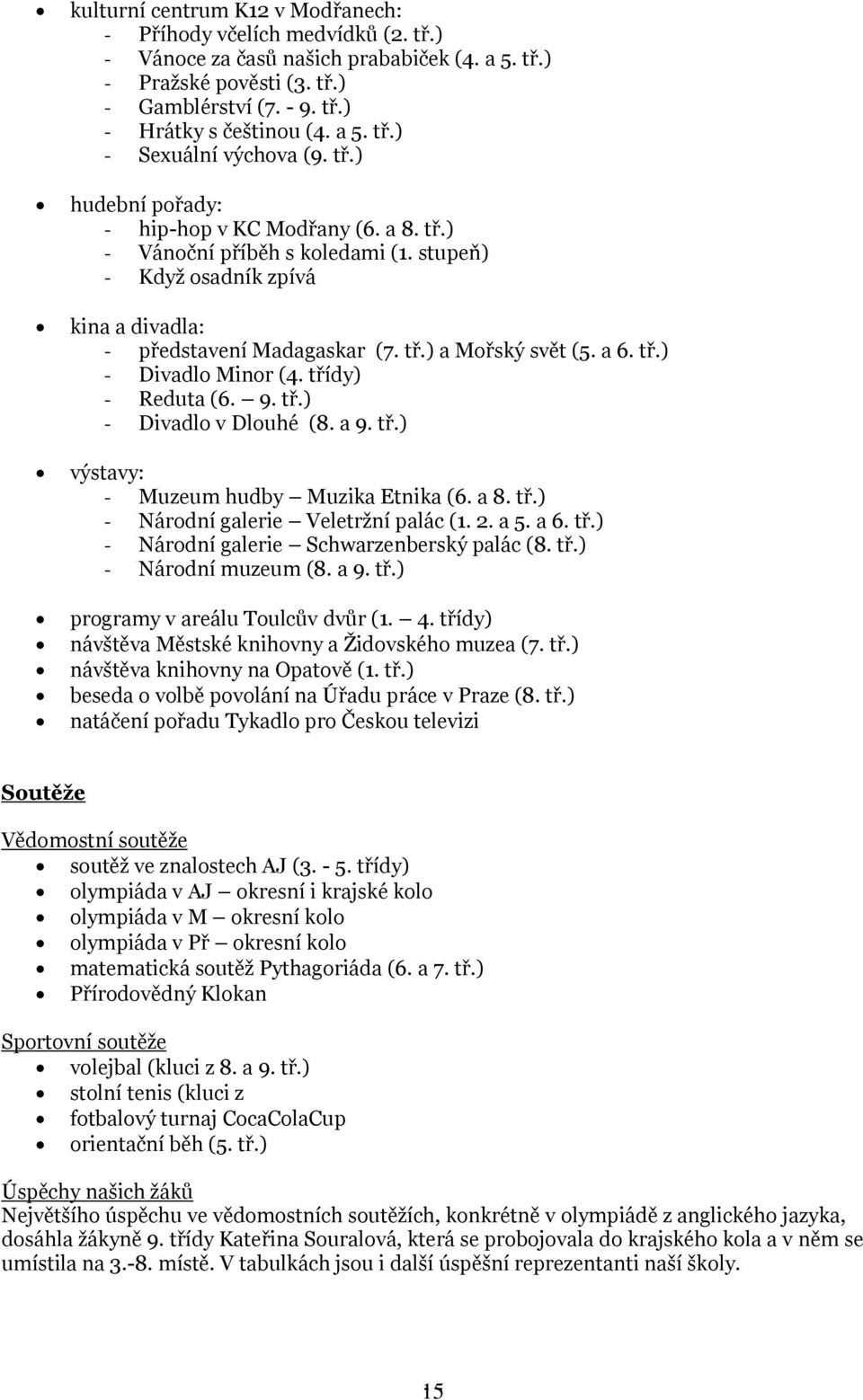 a 6. tř.) - Divadlo Minor (4. třídy) - Reduta (6. 9. tř.) - Divadlo v Dlouhé (8. a 9. tř.) výstavy: - Muzeum hudby Muzika Etnika (6. a 8. tř.) - Národní galerie Veletržní palác (1. 2. a 5. a 6. tř.) - Národní galerie Schwarzenberský palác (8.