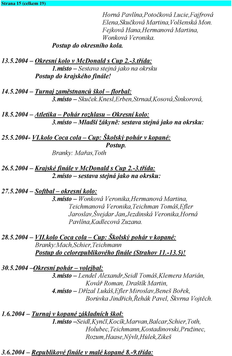 místo Mladší žákyně: sestava stejná jako na okrsku: 25.5.2004- VI.kolo Coca cola Cup: Školský pohár v kopané: Postup. Branky: Mařas,Toth 26.5.2004 Krajské finále v McDonald s Cup 2.-3.třída: 2.