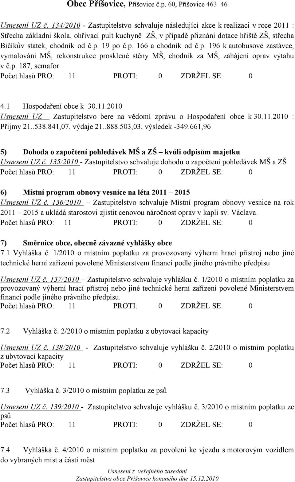 od č.p. 19 po č.p. 166 a chodník od č.p. 196 k autobusové zastávce, vymalování MŠ, rekonstrukce prosklené stěny MŠ, chodník za MŠ, zahájení oprav výtahu v č.p. 187, semafor 4.1 Hospodaření obce k 30.