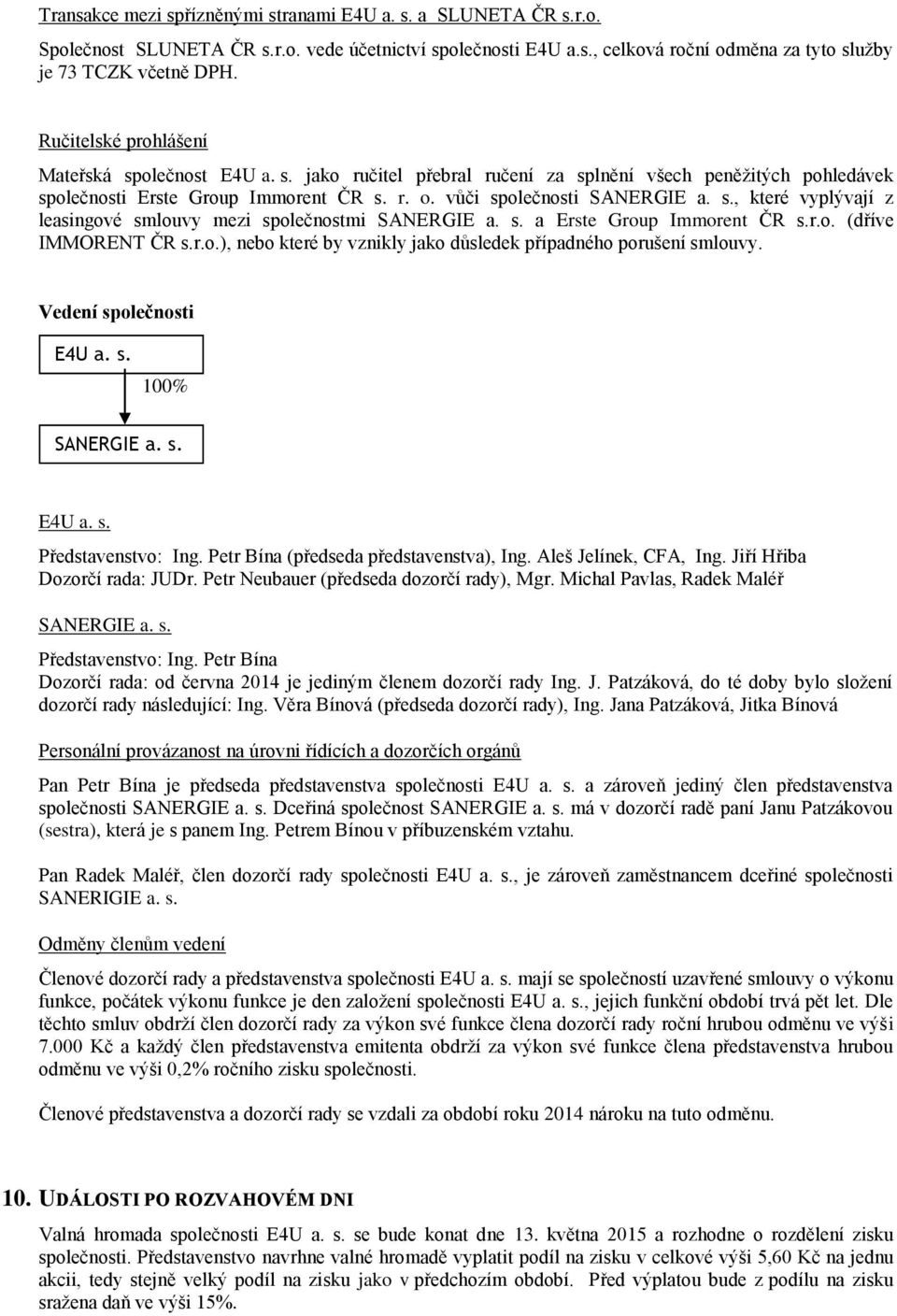 s. a Erste Group Immorent ČR s.r.o. (dříve IMMORENT ČR s.r.o.), nebo které by vznikly jako důsledek případného porušení smlouvy. Vedení společnosti E4U a. s. 100% SANERGIE a. s. E4U a. s. Představenstvo: Ing.