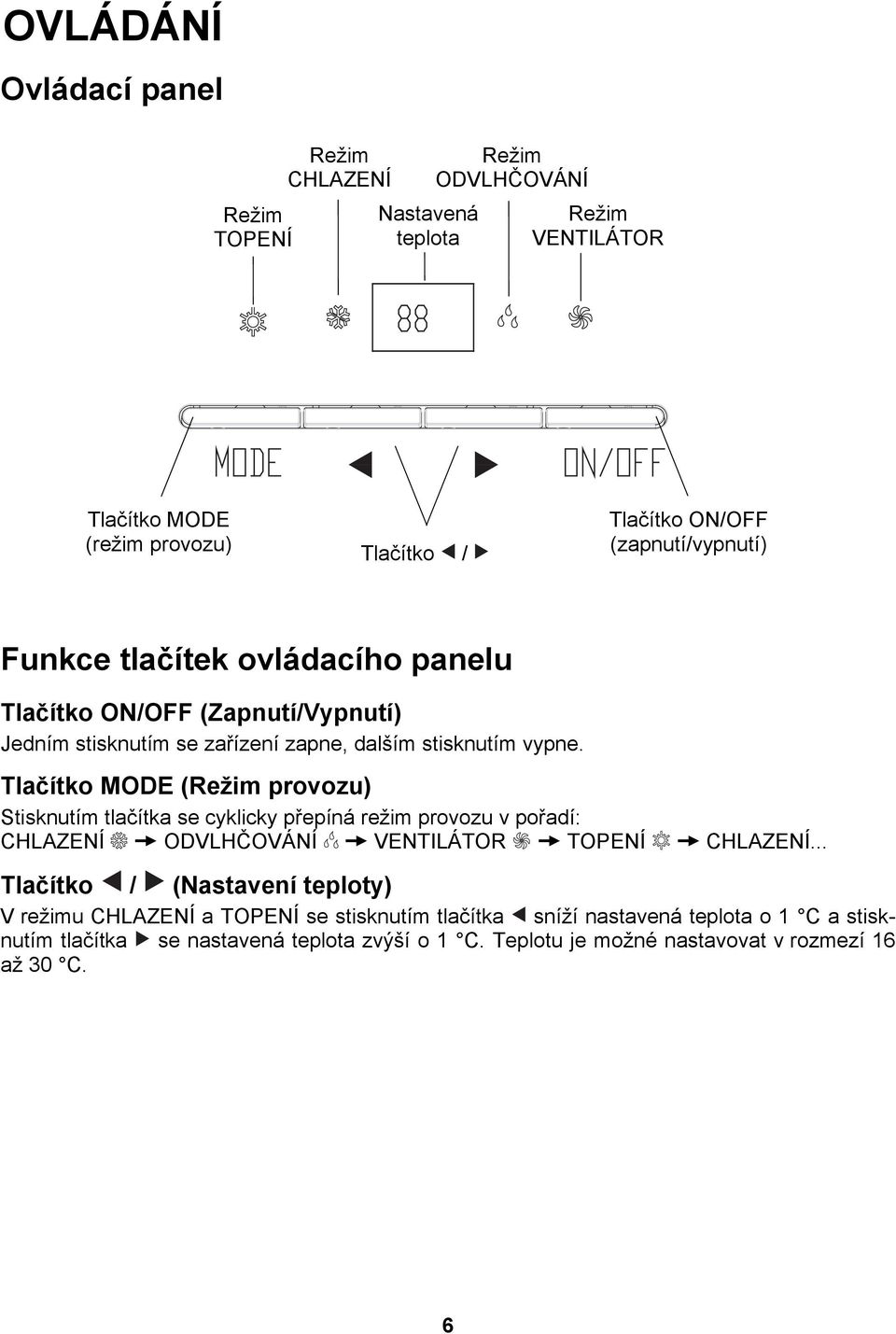 Tlačítko MODE (Režim provozu) Stisknutím tlačítka se cyklicky přepíná režim provozu v pořadí: CHLAZENÍ ODVLHČOVÁNÍ VENTILÁTOR TOPENÍ CHLAZENÍ.