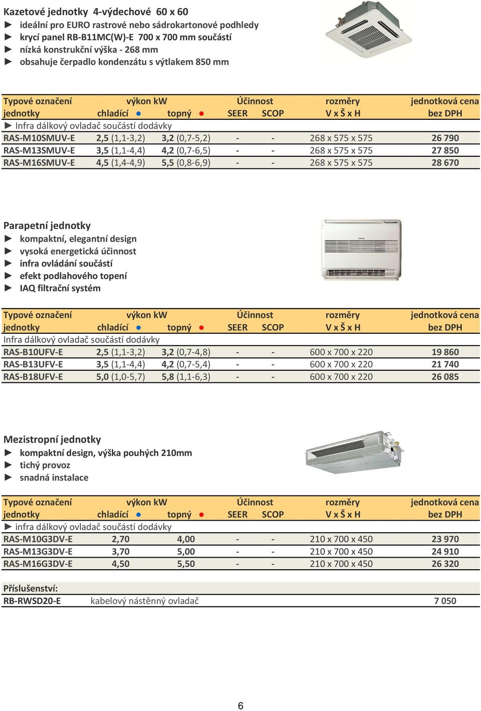 (0,7-6,5) RAS-M16SMUV-E 4,5 (1,4-4,9) 5,5 (0,8-6,9) Účinnost SEER SCOP - - rozměry VxŠxH jednotková cena bez DPH 268 x 575 x 575 268 x 575 x 575 268 x 575 x 575 26 790 27 850 28 670 rozměry VxŠxH