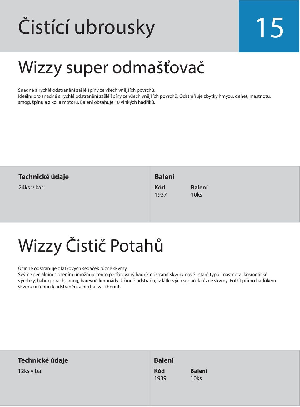 obsahuje 10 vlhkých hadříků. 24ks v kar. 1937 10ks Wizzy Čistič Potahů Účinně odstraňuje z látkových sedaček různé skvrny.