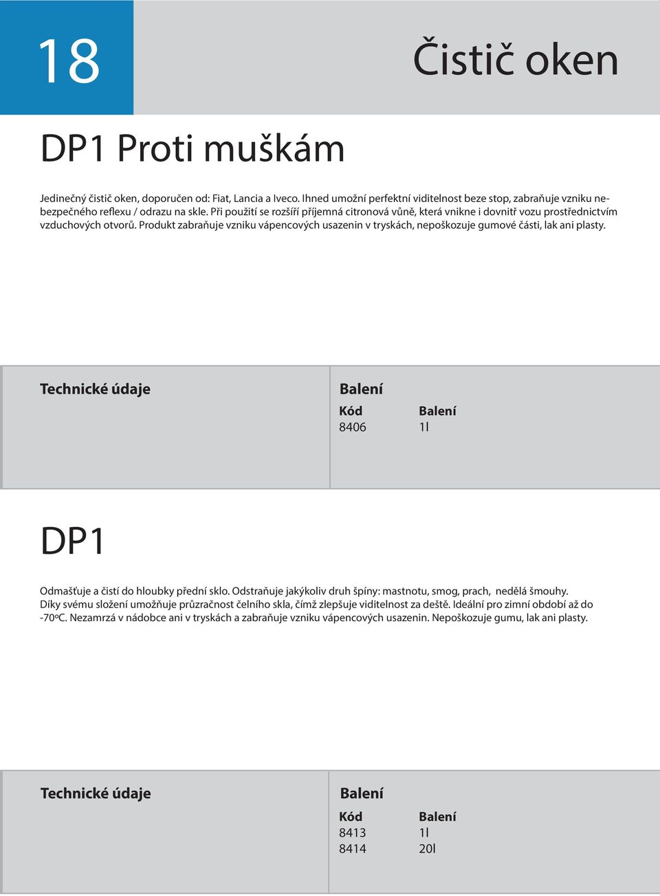 Produkt zabraňuje vzniku vápencových usazenin v tryskách, nepoškozuje gumové části, lak ani plasty. 8406 1l DP1 Odmašťuje a čistí do hloubky přední sklo.