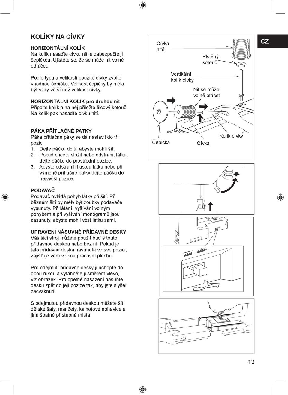 Cívka nitě Vertikální kolík cívky Plstěný kotouč Nit se může volně otáčet CZ PÁKA PŘÍTLAČNÉ PATKY Páka přítlačné páky se dá nastavit do tří pozic. 1. Dejte páčku dolů, abyste mohli šít. 2.
