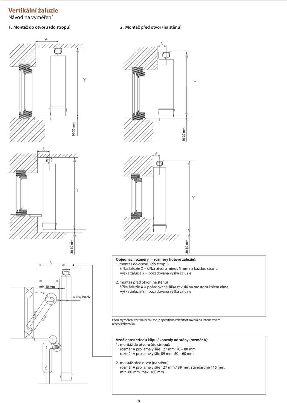 montáž před otvor (na stěnu) šířka žaluzie X = požadovaná šířka závislá na prostoru kolem okna výška žaluzie Y = požadovaná výška žaluzie Pozn.