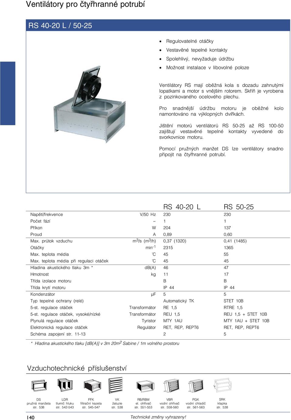 Jišt ní motor ventilátor RS 50-25 až RS 100-50 zajištují vestav né tepelné kontakty vyvedené do svorkovnice motoru. Pomocí pružných manžet lze ventilátory snadno p ipojit na ty hranné potrubí.