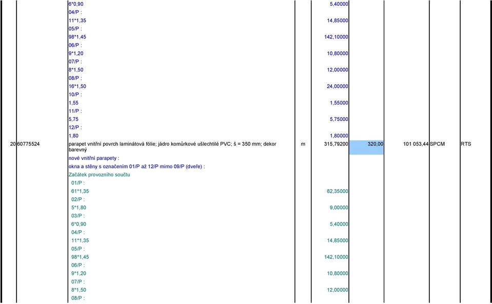 dekor m 315,79200 320,00 101 053,44 SPCM RTS barevný nové vnitřní parapety : okna a stěny s označením 01/P až 12/P mimo 09/P (dveře) : 01/P :