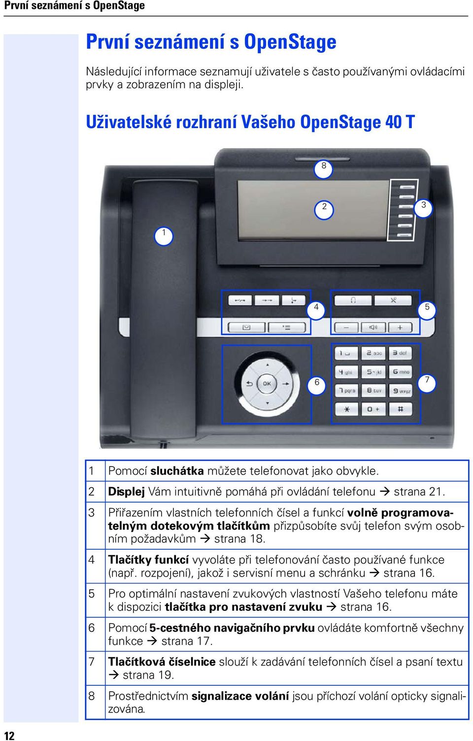 3 Přiřazením vlastních telefonních čísel a funkcí volně programovatelným dotekovým tlačítkům přizpůsobíte svů telefon svým osobním požadavkům strana 18.