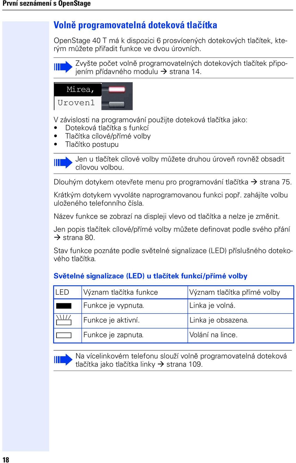 Mirea, Uroven1 V závislosti na programování použite doteková tlačítka ako: Doteková tlačítka s funkcí Tlačítka cílové/přímé volby Tlačítko postupu Jen u tlačítek cílové volby můžete druhou úroveň