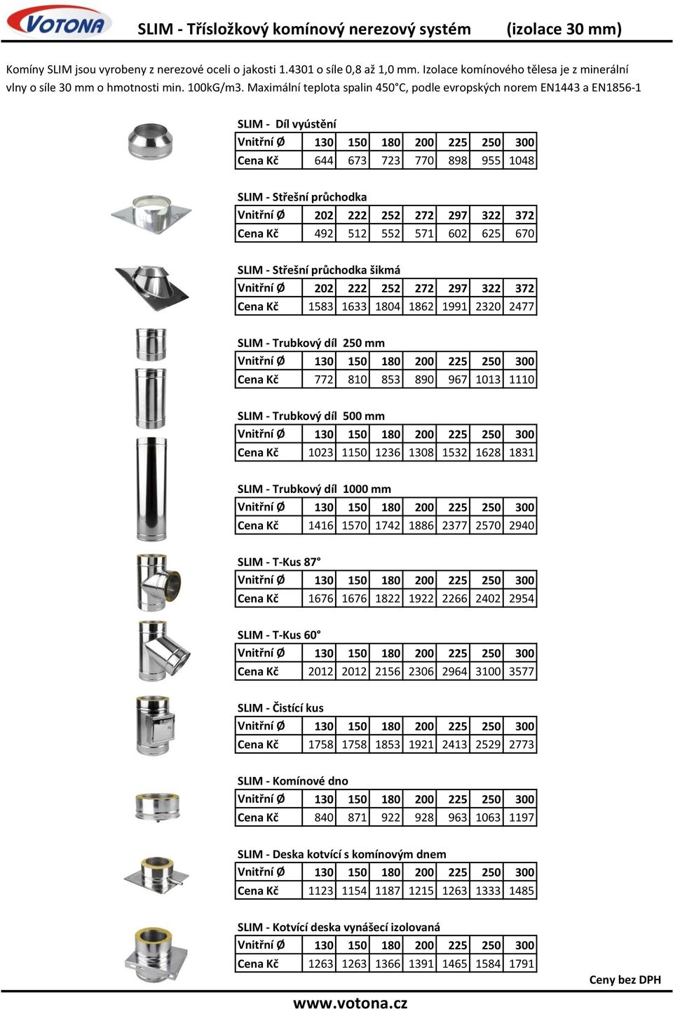Maximální teplota spalin 450 C, podle evropských norem EN1443 a EN1856-1 SLIM - Díl vyústění 644 673 723 770 898 955 1048 SLIM - Střešní průchodka Vnitřní Ø 202 222 252 272 297 322 372 492 512 552