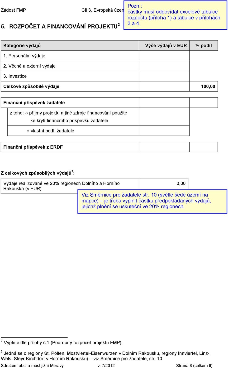 Investice Celkové způsobilé výdaje 100,00 Finanční příspěvek ţadatele z toho: příjmy projektu a jiné zdroje financování použité ke krytí finančního příspěvku žadatele vlastní podíl žadatele Finanční