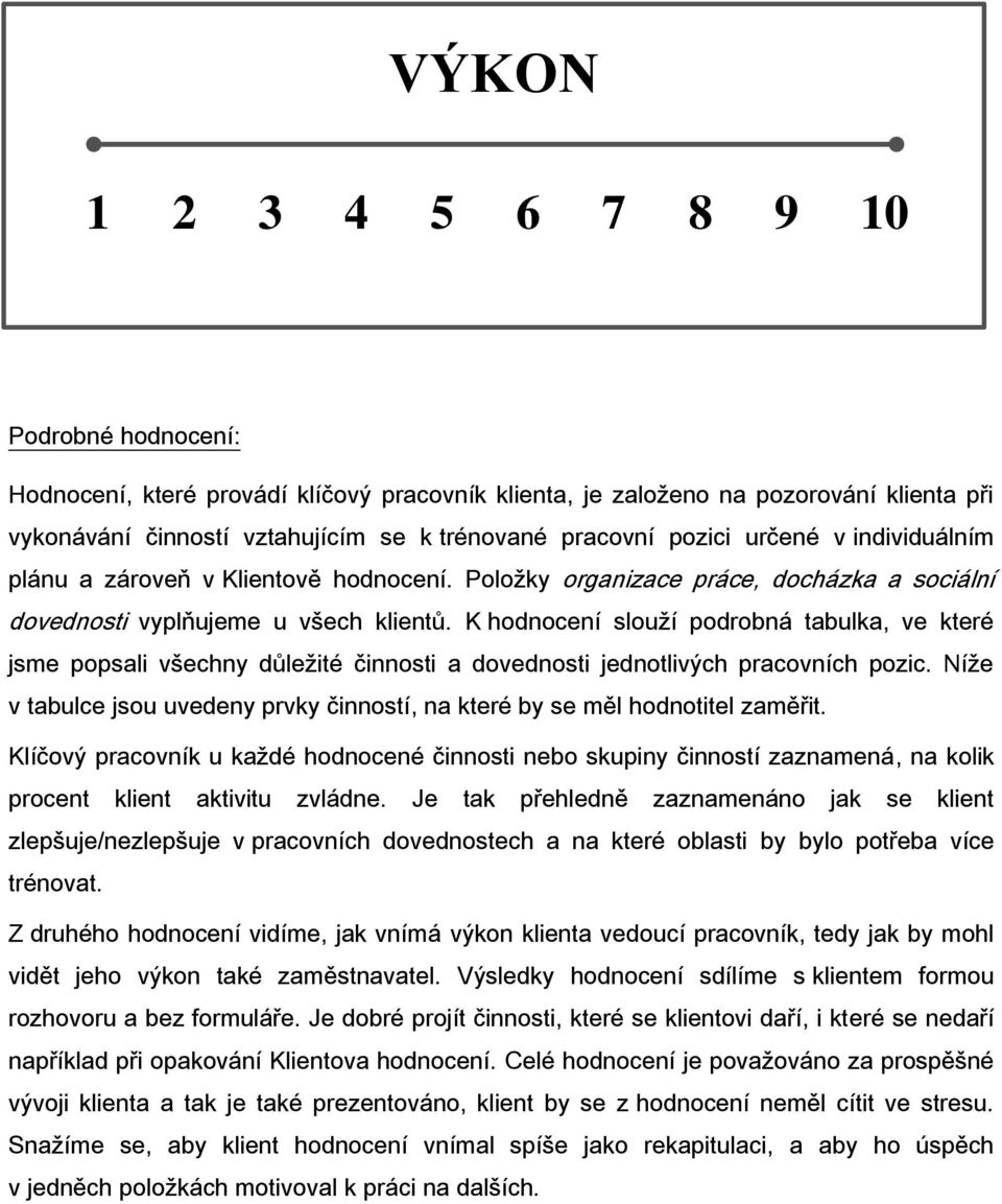 K hodnocení slouží podrobná tabulka, ve které jsme popsali všechny důležité činnosti a dovednosti jednotlivých pracovních pozic.