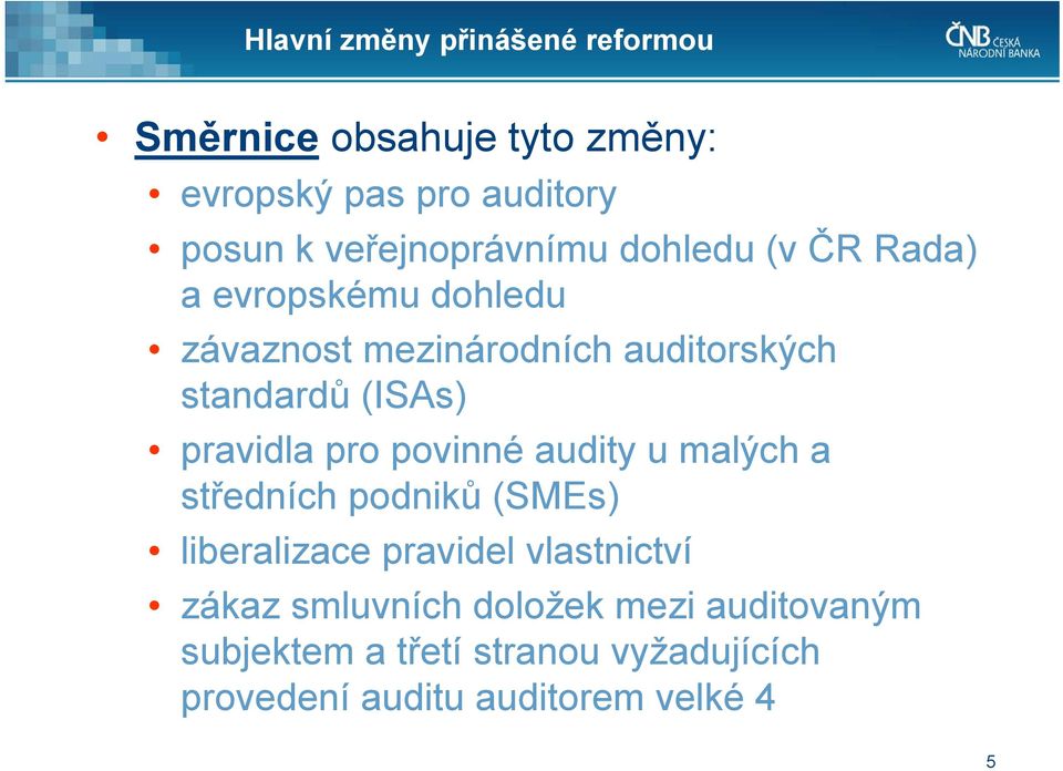 (ISAs) pravidla pro povinné audity u malých a středních podniků (SMEs) liberalizace pravidel vlastnictví