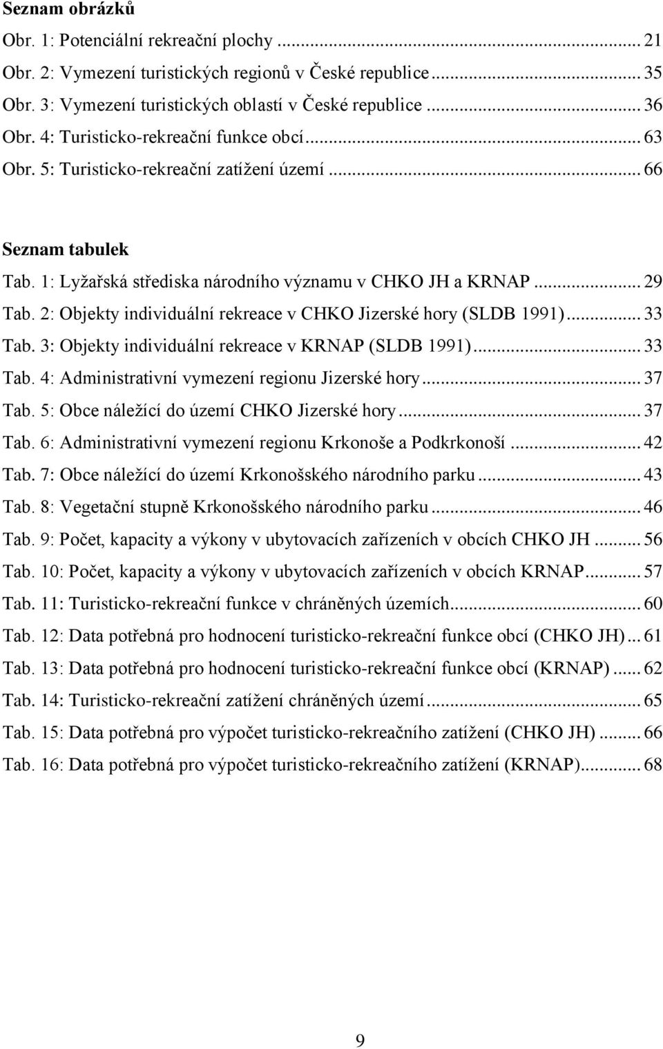 2: Objekty individuální rekreace v CHKO Jizerské hory (SLDB 1991)... 33 Tab. 3: Objekty individuální rekreace v KRNAP (SLDB 1991)... 33 Tab. 4: Administrativní vymezení regionu Jizerské hory... 37 Tab.