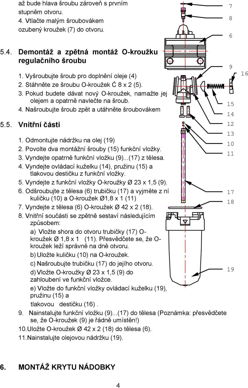 . Našroubujte šroub zpět a utáhněte šroubovákem 5.5. Vnitřní části 3. Odmontujte nádržku na olej (9) 0. Povolte dva montážní šrouby (5) funkční vložky. 3. Vyndejte opatrně funkční vložku (9).