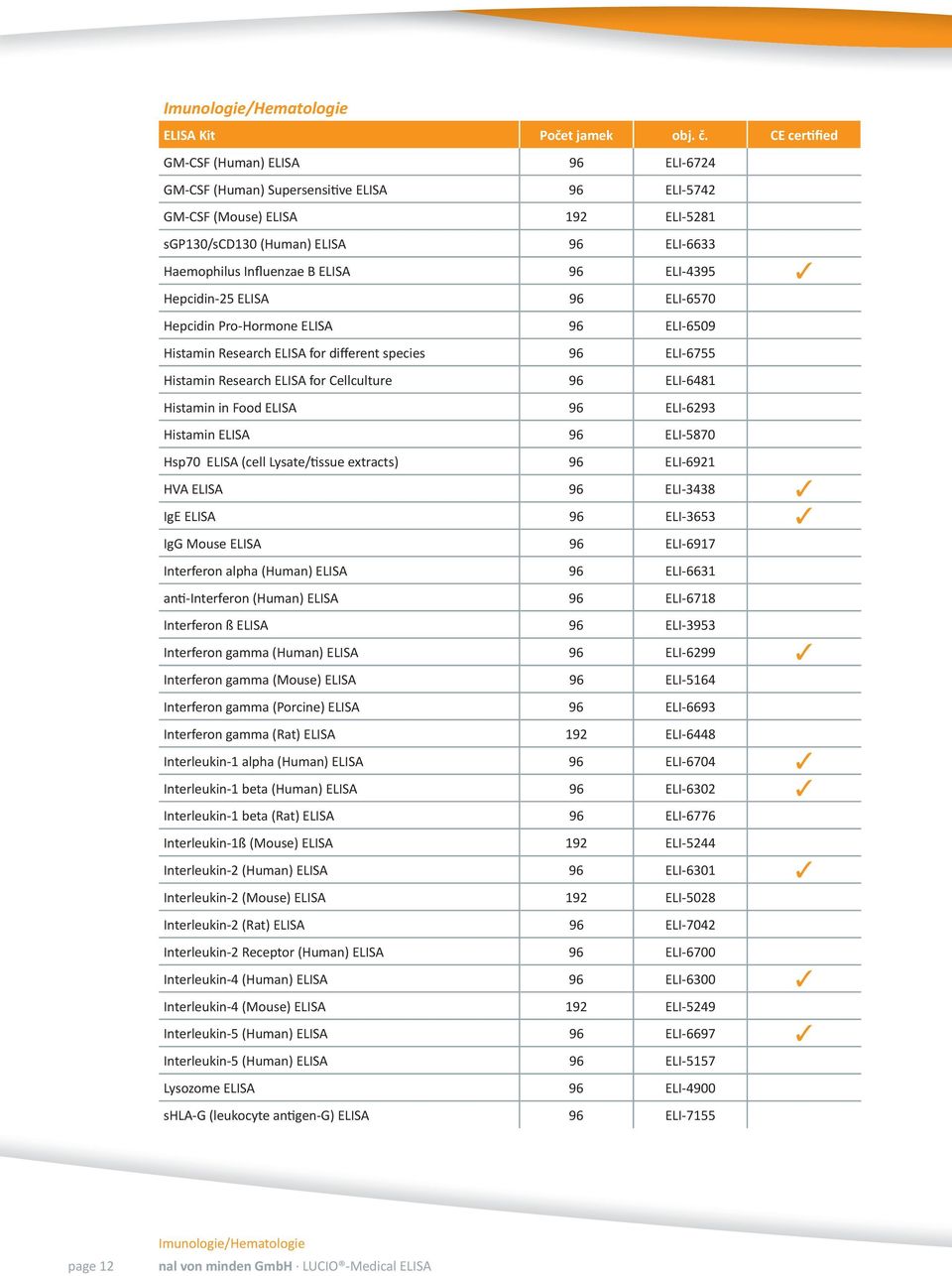 96 ELI-6481 Histamin in Food ELISA 96 ELI-6293 Histamin ELISA 96 ELI-5870 Hsp70 ELISA (cell Lysate/tissue extracts) 96 ELI-6921 HVA ELISA 96 ELI-3438 IgE ELISA 96 ELI-3653 IgG Mouse ELISA 96 ELI-6917