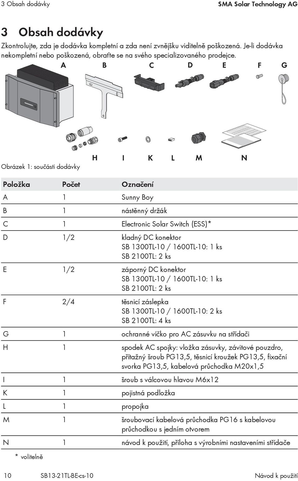 Obrázek 1: součásti dodávky Položka Počet Označení A 1 Sunny Boy B 1 nástěnný držák C 1 Electronic Solar Switch (ESS)* D 1/2 kladný DC konektor SB 1300TL-10 / 1600TL-10: 1 ks SB 2100TL: 2 ks E 1/2