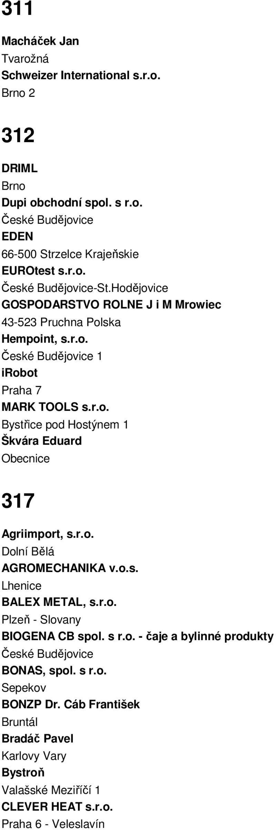 r.o. Dolní Bělá AGROMECHANIKA v.o.s. Lhenice BALEX METAL, s.r.o. Plzeň - Slovany BIOGENA CB spol. s r.o. - čaje a bylinné produkty BONAS, spol. s r.o. Sepekov BONZP Dr.