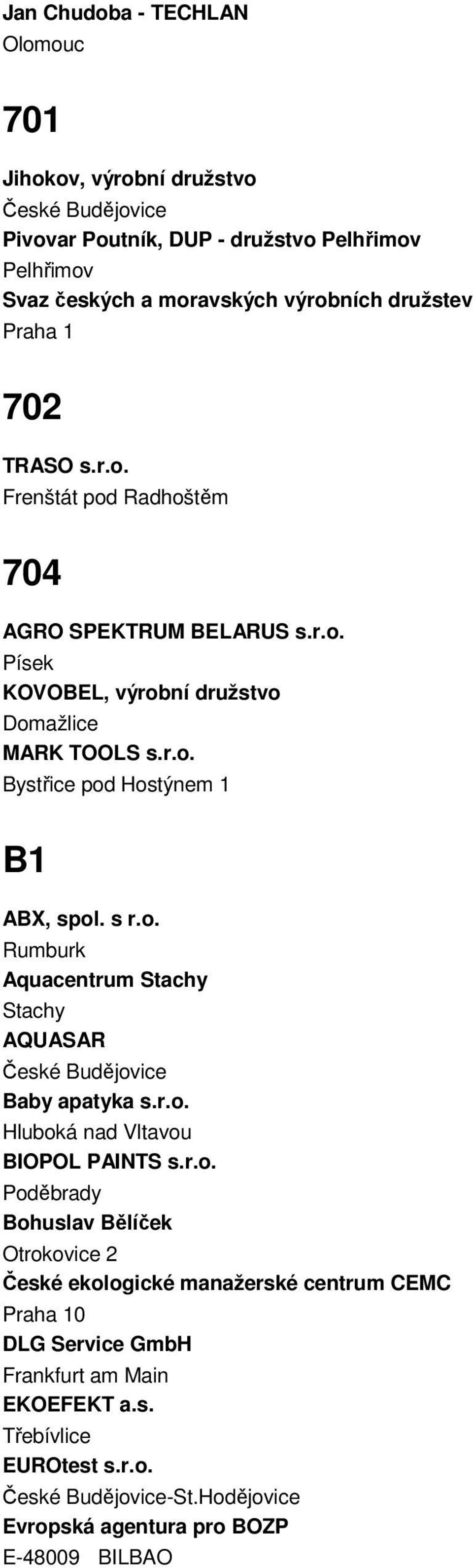 s r.o. Rumburk Aquacentrum Stachy Stachy AQUASAR Baby apatyka s.r.o. Hluboká nad Vltavou BIOPOL PAINTS s.r.o. Poděbrady Bohuslav Bělíček Otrokovice 2 České ekologické manažerské centrum CEMC 0 DLG Service GmbH Frankfurt am Main EKOEFEKT a.