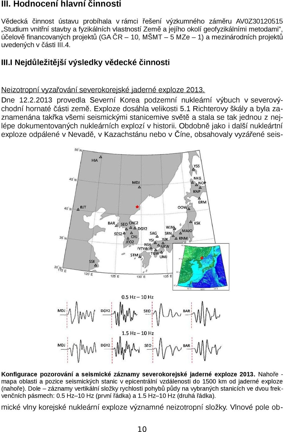 4. III.I Nejdůležitější výsledky vědecké činnosti Konfigurace pozorování a seismické záznamy severokorejské jaderné exploze 2013.