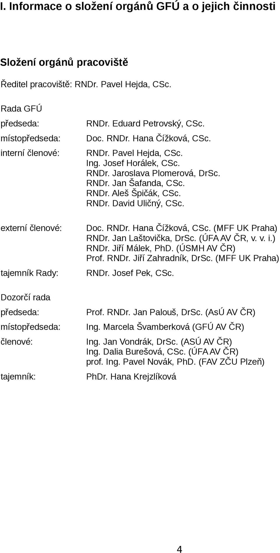 RNDr. Pavel Hejda, CSc. Ing. Josef Horálek, CSc. RNDr. Jaroslava Plomerová, DrSc. RNDr. Jan Šafanda, CSc. RNDr. Aleš Špičák, CSc. RNDr. David Uličný, CSc. Doc. RNDr. Hana Čížková, CSc.