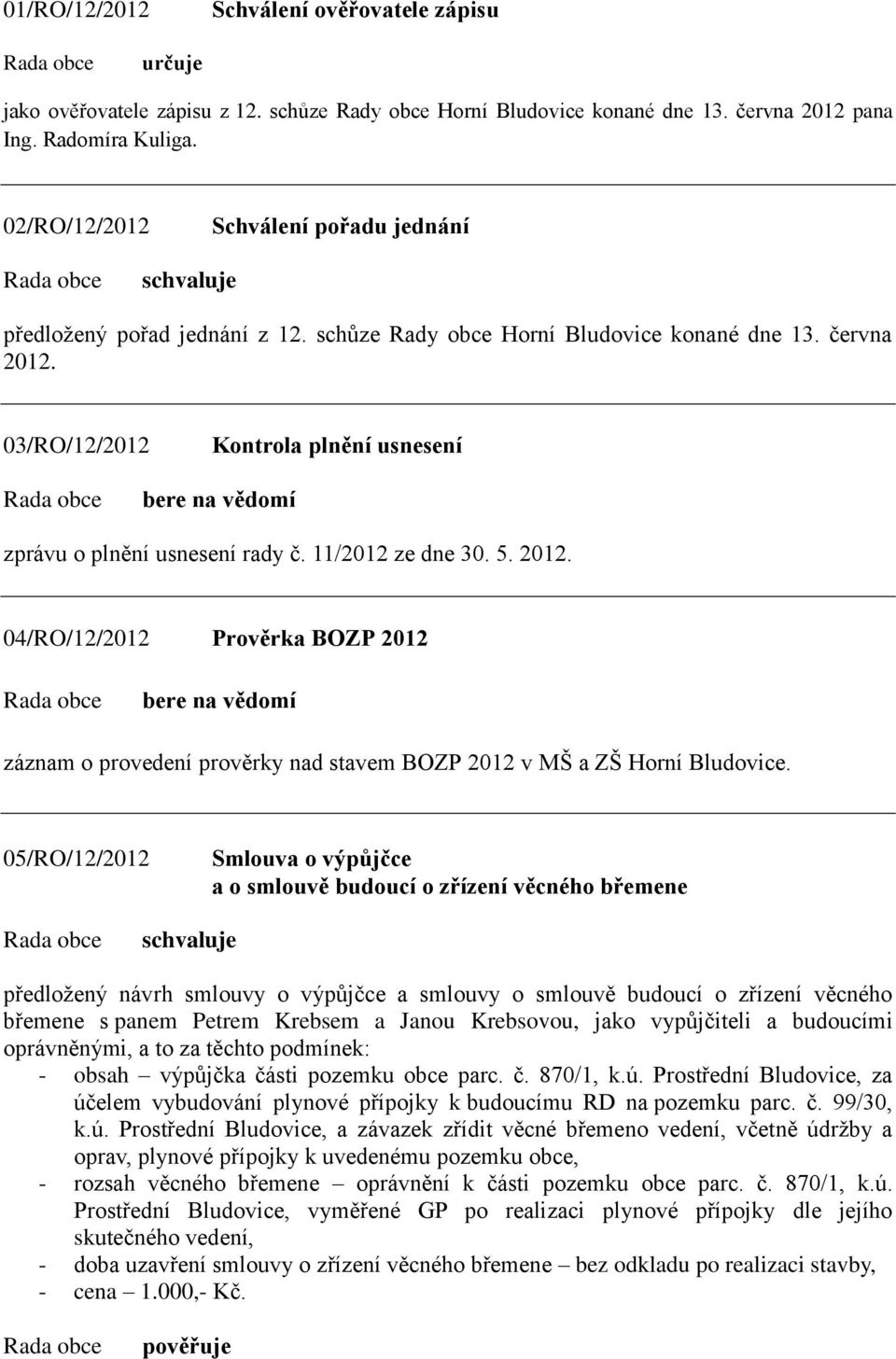 03/RO/12/2012 Kontrola plnění usnesení zprávu o plnění usnesení rady č. 11/2012 ze dne 30. 5. 2012.