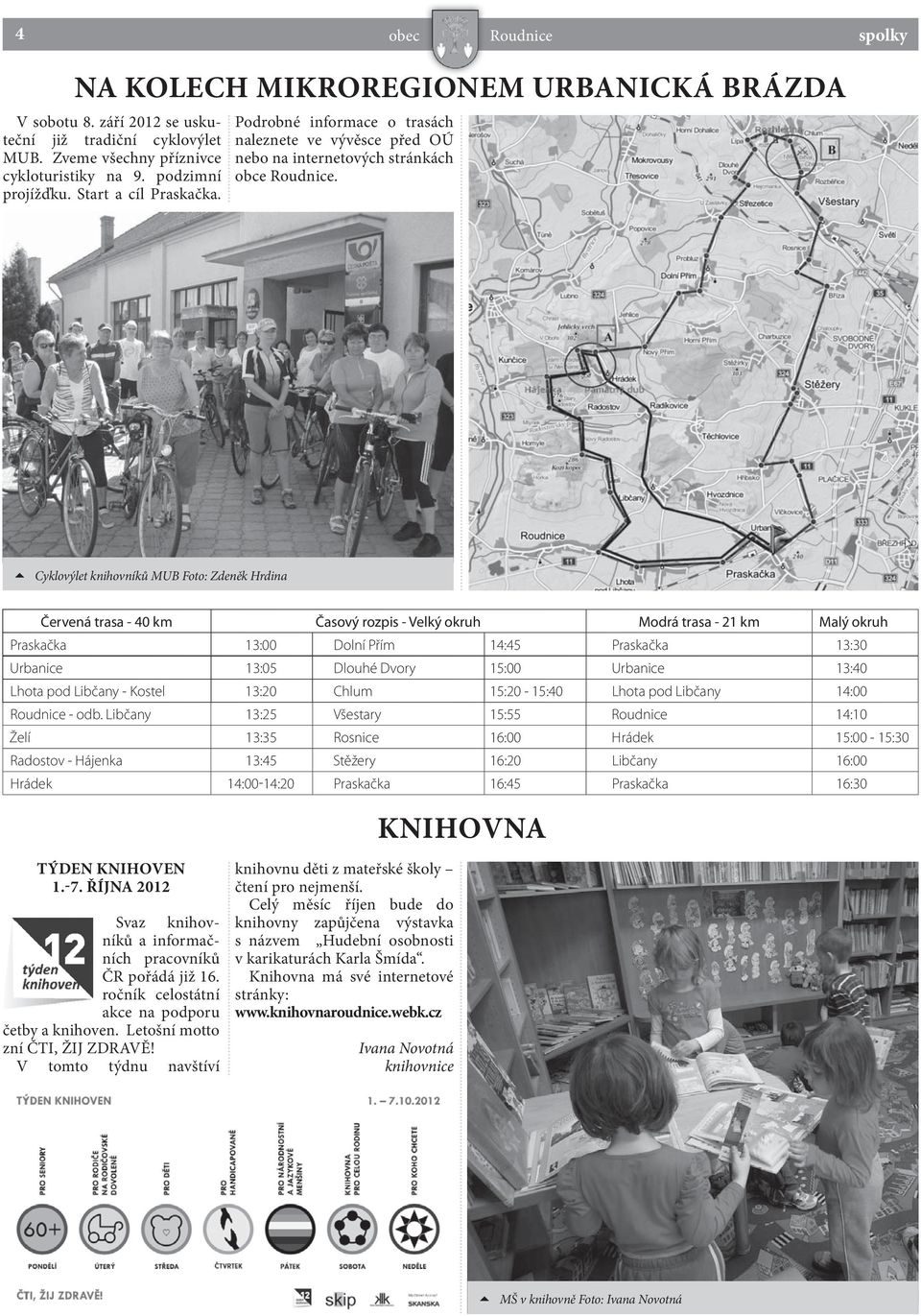 Cyklovýlet knihovníků MUB Foto: Zdeněk Hrdina Červená trasa - 40 km Časový rozpis - Velký okruh Modrá trasa - 21 km Malý okruh Praskačka 13:00 Dolní Přím 14:45 Praskačka 13:30 Urbanice 13:05 Dlouhé