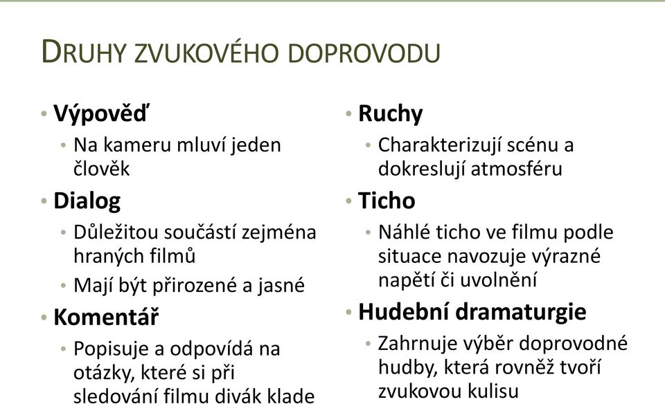 klade Ruchy Charakterizují scénu a dokreslují atmosféru Ticho Náhlé ticho ve filmu podle situace navozuje