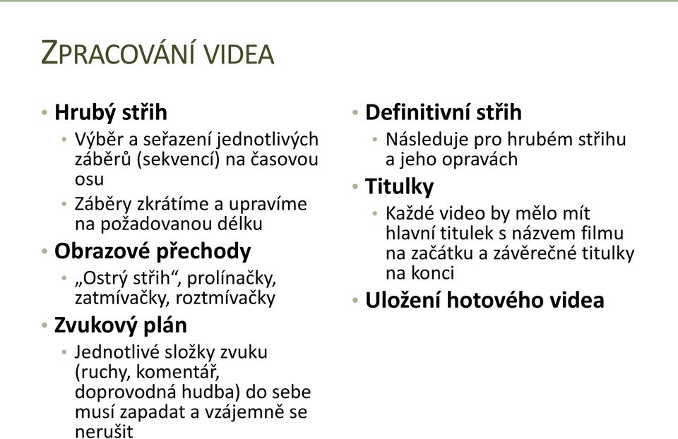 (ruchy, komentář, doprovodná hudba) do sebe musí zapadat a vzájemně se nerušit Definitivní střih Následuje pro hrubém střihu a