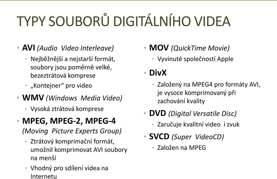 formát, umožnil komprimovat AVI soubory na menší Vhodný pro sdílení videa na Internetu MOV (QuickTime Movie) Vyvinuté společností Apple DivX Založený