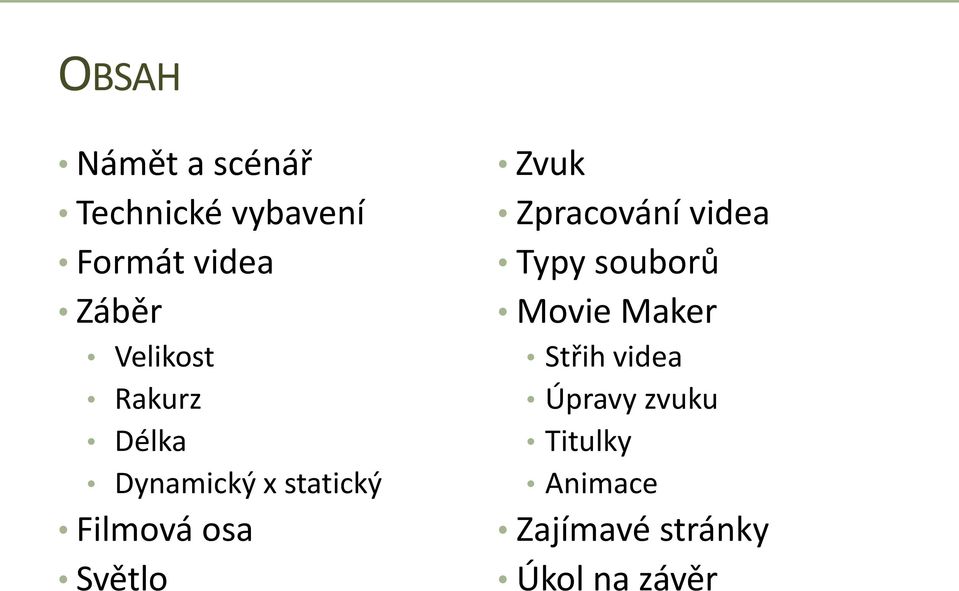 Světlo Zvuk Zpracování videa Typy souborů Movie Maker Střih