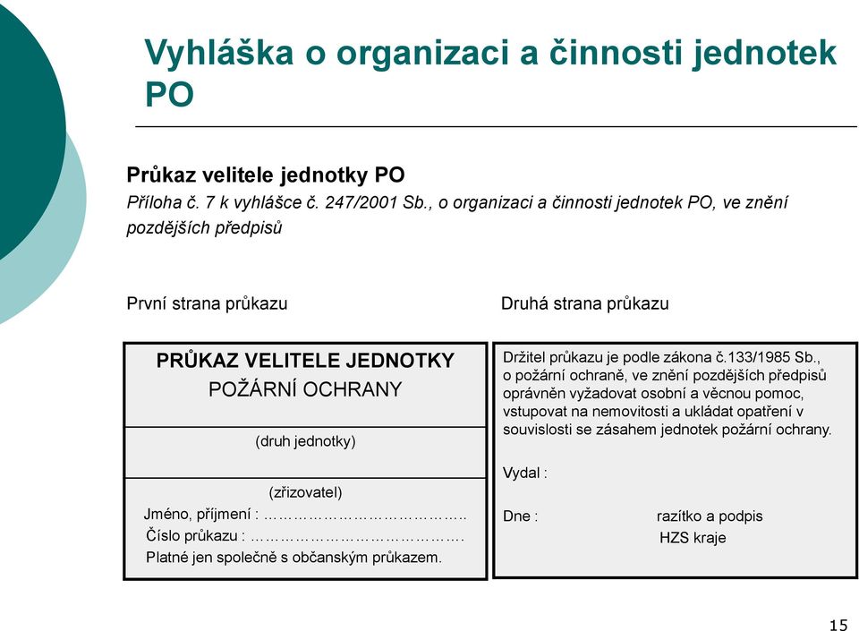 jednotky) Držitel průkazu je podle zákona č.133/1985 Sb.