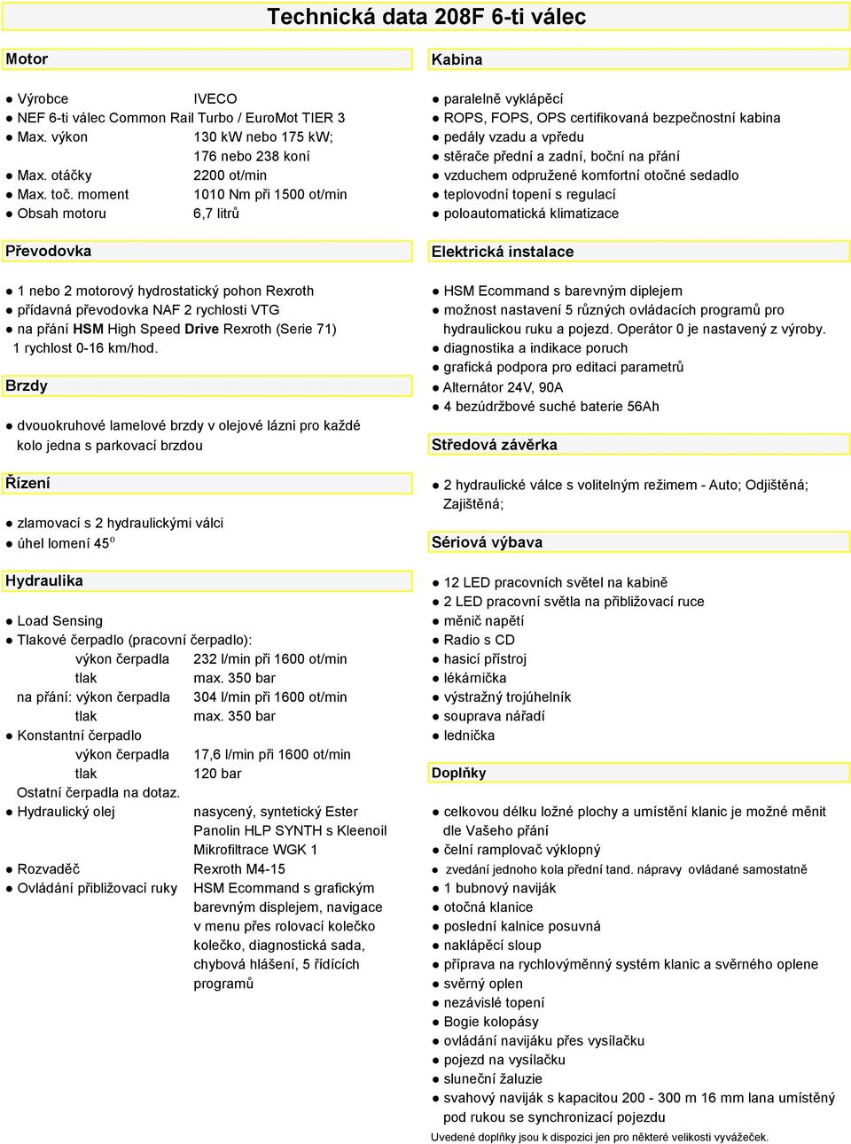 moment 1010 Nm při 1500 ot/min teplovodní topení s regulací Obsah motoru 6,7 litrů poloautomatická klimatizace Převodovka Elektrická instalace 1 nebo 2 motorový hydrostatický pohon Rexroth HSM