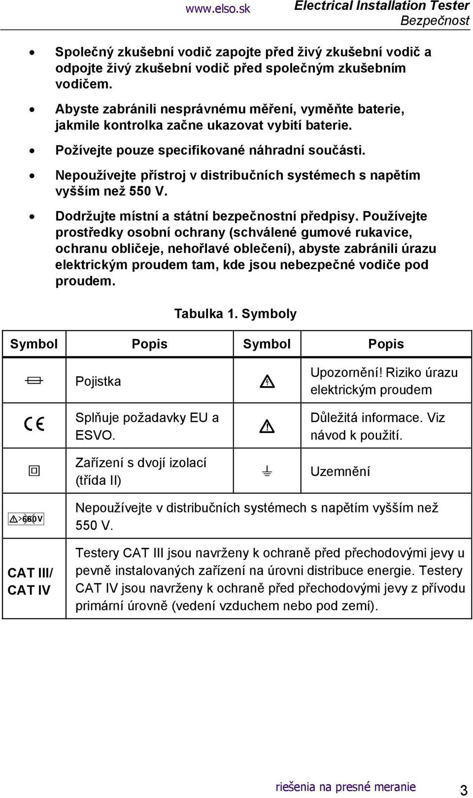 Nepoužívejte přístroj v distribučních systémech s napětím vyšším než 550 V. Dodržujte místní a státní bezpečnostní předpisy.