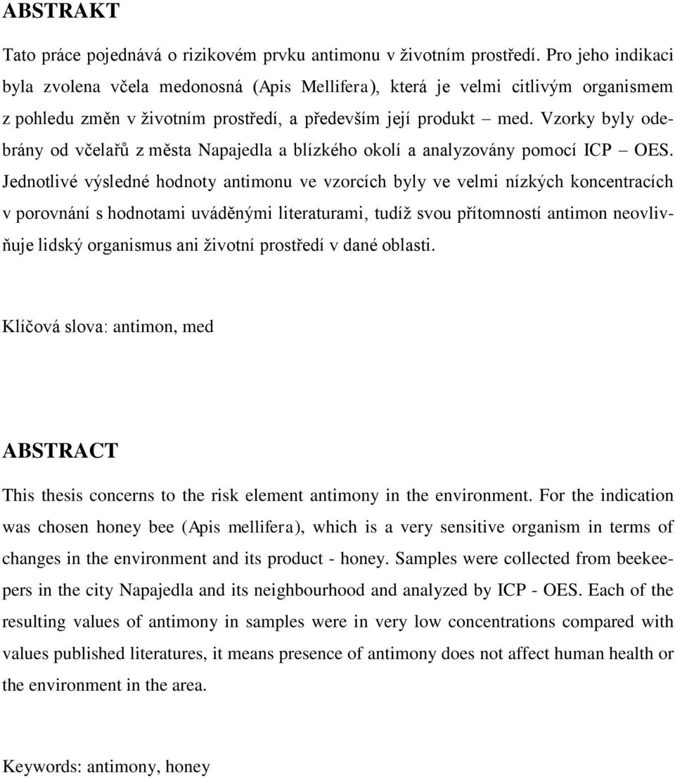 Vzorky byly odebrány od včelařů z města Napajedla a blízkého okolí a analyzovány pomocí ICP OES.